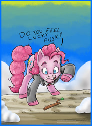 Size: 750x1022 | Tagged: safe, artist:animatorwil, pinkie pie, pony, not asking for trouble, clothes, dirty harry, solo, twig