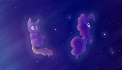 Size: 3500x2000 | Tagged: safe, artist:heir-of-rick, applejack, pinkie pie, earth pony, pony, astronaut, duo, how, pinkie being pinkie, pinkie physics, space, spacesuit, starry sky