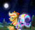 Size: 1169x1022 | Tagged: safe, artist:phoenixperegrine, applejack, rarity, earth pony, pony, unicorn, female, full moon, lesbian, mare, moon, night, ponyville, rainbow power, rarijack, shipping, starry night