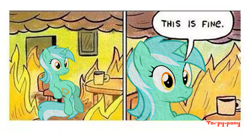 Size: 480x256 | Tagged: safe, artist:torpy-ponius, lyra heartstrings, fire, meme, sitting, sitting lyra, text, this is fine