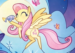 Size: 899x640 | Tagged: safe, artist:alexia tryfon, fluttershy, bird, butterfly, pegasus, pony, my little pony: the movie, the art of my little pony: the movie, blushing, cropped, cute, eyes closed, female, mare, shyabetes, solo focus
