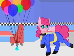 Size: 1344x1018 | Tagged: safe, artist:ahaintthatbad, pinkie pie, earth pony, pony, fallout equestria, balloon, cake, clothes, crossover, fallout, fanfic, fanfic art, female, food, hooves, jumpsuit, mare, ministry mares, solo, stable, vault suit