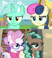 Size: 1920x2160 | Tagged: safe, screencap, bon bon, lyra heartstrings, minty mocha, raspberry latte, sweetie drops, earth pony, pony, unicorn, the parent map, triple threat, bon bon is not amused, comparison, counterparts, discovery family logo, doppelganger, duo, looking at each other, lyra is not amused, mind blown, not amused face, ponyville, sire's hollow, unamused, what the hay?, wtf