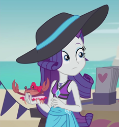 Size: 933x997 | Tagged: safe, screencap, rarity, crab, better together, equestria girls, too hot to handle, banner, beach, beach babe, bikini, bikini babe, brochure, clothes, cropped, cute, female, geode of shielding, hat, magical geodes, midriff, raribetes, sarong, solo, sun hat, swimsuit