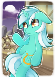 Size: 2300x3200 | Tagged: safe, artist:rivin177, lyra heartstrings, pony, unicorn, female, mare, meme, moon, night, sad, sitting, sitting lyra, solo