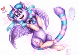 Size: 1500x1067 | Tagged: safe, artist:byluk, derpibooru import, twilight sparkle, twilight sparkle (alicorn), alicorn, cat, belly button, clothes, heart, on back, smiling, socks, solo, species swap, spread wings, traditional art, twilight cat