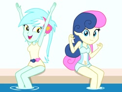 Size: 2048x1536 | Tagged: safe, artist:draymanor57, derpibooru exclusive, bon bon, lyra heartstrings, sweetie drops, better together, equestria girls, i'm on a yacht, clothes, female, matching outfits, one-piece swimsuit, poolside, swimsuit