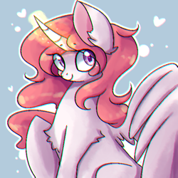 Size: 600x600 | Tagged: safe, artist:yellowalpaca0726, princess celestia, alicorn, pony, unicorn, chest fluff, cute, cutelestia, ear fluff, female, filly, heart, magic, raised hoof, simple background, smiling, solo, spread wings, wings, younger