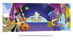 Size: 1136x640 | Tagged: safe, beauty brass, fluttershy, frederic horseshoepin, octavia melody, parish nandermane, earth pony, pegasus, pony, my little pony: the movie, spoiler:my little pony movie the junior novel, canterlot, musical instrument, stage, text, trumpet, tuba, violin