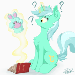 Size: 1500x1500 | Tagged: safe, artist:wolfypon, lyra heartstrings, pony, unicorn, book, glowing horn, hand, horn, magic, paws, peace sign, question mark, solo, summoning