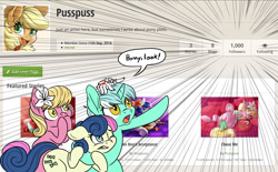 Size: 1281x796 | Tagged: safe, artist:pusspuss, applejack, bon bon, lily, lily valley, lyra heartstrings, sweetie drops, oc, oc:scary, earth pony, pony, spider, fanfic art, female, fimfiction, freckles, hat, milestone, pointing, speech