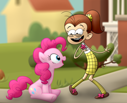 Size: 1966x1592 | Tagged: safe, artist:frogem, pinkie pie, human, pony, clothes, crossover, duo, female, luan loud, mare, the loud house