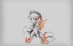 Size: 909x573 | Tagged: safe, artist:ravenarkk, applejack, earth pony, pony, applejack's hat, cloak, clothes, cowboy hat, fire, hat, simple background, traditional art