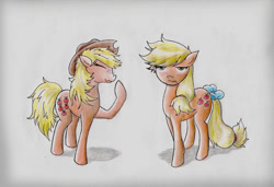 Size: 1024x702 | Tagged: safe, artist:ravenarkk, applejack, applejack (g1), earth pony, pony, g1, accessory swap, frown, generational ponidox, laughing, simple background, tail bow, traditional art