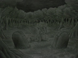 Size: 1024x768 | Tagged: safe, artist:ravenarkk, applejack, earth pony, pony, applejack's hat, cowboy hat, dark, grave, gravestone, graveyard, hat, implied applejack's parents, implied death, monochrome, night, rain, sad, traditional art, tree