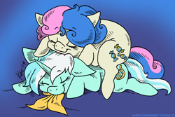 Size: 1200x800 | Tagged: safe, artist:kaemantis, bon bon, lyra heartstrings, sweetie drops, earth pony, pony, unicorn, adorabon, cuddling, cute, eyes closed, female, floppy ears, lesbian, lyrabetes, lyrabon, mare, pony pile, shipping, sleeping, smiling