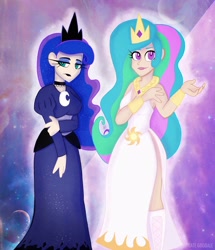 Size: 2322x2704 | Tagged: safe, artist:insomniaqueen, princess celestia, princess luna, human, breasts, cleavage, clothes, cute, dress, female, gijinka, humanized, princess, side slit