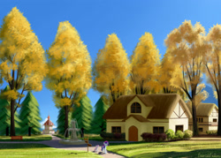 Size: 3500x2500 | Tagged: safe, artist:emeraldgalaxy, rarity, sweetie belle, pony, unicorn, autumn, bench, female, filly, fountain, house, houses, mare, ponyville, ponyville town hall, scenery, scenery porn, siblings, sign, sisters, street, tree