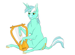 Size: 1024x744 | Tagged: safe, artist:loladotz, lyra heartstrings, classical unicorn, pony, unicorn, female, leonine tail, lyre, mare, simple background, solo, unshorn fetlocks, white background