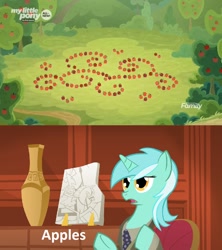 Size: 904x1018 | Tagged: safe, edit, edited screencap, editor:fluttershyisnot adoormat, screencap, lyra heartstrings, going to seed, ancient aliens, apple, arabesque pattern, crop circle, discovery family logo, food, giorgio a. tsoukalos, meme