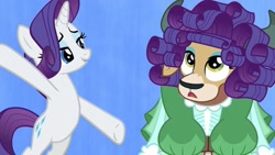 Size: 1280x720 | Tagged: safe, screencap, rarity, yona, pony, unicorn, yak, she's all yak, bipedal, duo, female, fit right in, hairstyle, mare, misleading thumbnail, out of context, style