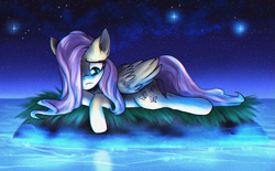 Size: 2491x1543 | Tagged: safe, artist:not-ordinary-pony, fluttershy, pegasus, pony, female, folded wings, hair over one eye, lonely, looking down, mare, night, ocean, prone, sad, stars, water
