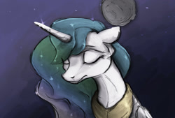 Size: 1784x1205 | Tagged: safe, artist:cookiedesu, color edit, edit, princess celestia, alicorn, pony, bust, color, colored, eyes closed, female, grayscale, mare, monochrome, moon, portrait, sad, simple background