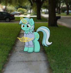 Size: 1280x1301 | Tagged: safe, artist:ljdamz1119, lyra heartstrings, pony, unicorn, glowing horn, hand, horn, irl, lucky luciano, magic, magic hands, meme, photo, ponies in real life, ponified, solo, you know i had to do it to em