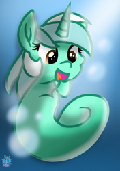 Size: 737x1045 | Tagged: safe, artist:rainbow eevee, lyra heartstrings, sea pony, amazed, bubble, cute, daaaaaaaaaaaw, female, looking down, ocean, open mouth, seaponified, seapony lyra, simple background, solo, species swap