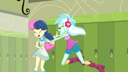 Size: 4624x2601 | Tagged: safe, artist:phucknuckl, bon bon, lyra heartstrings, sweetie drops, equestria girls, adorabon, best friends, boots, canterlot high, clothes, cute, dress, eyes closed, female, giggling, happy, headphones, incoming hug, lesbian, lockers, lyrabetes, lyrabon, open mouth, shipping, shoes, shorts, smiling, teenager, vector, wholesome
