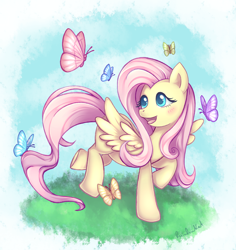 Size: 1738x1844 | Tagged: safe, artist:8rainbowkat8, fluttershy, butterfly, pegasus, pony, blushing, cute, daytime, female, flying, grass, ground, happy, mare, nature, outdoors, shyabetes, sky