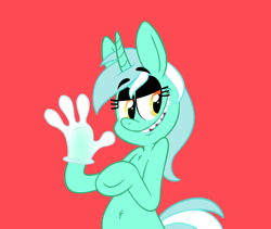 Size: 1346x1134 | Tagged: safe, artist:littmosa, lyra heartstrings, pony, unicorn, clothes, female, gloves, mare, raised eyebrow, raised hoof, red background, rubber gloves, simple background, smiling, style emulation, vector