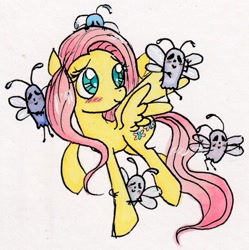 Size: 789x792 | Tagged: safe, artist:numberlessneedle, fluttershy, pegasus, pony, blushing, head turn, looking at something, raised hoof, simple background, solo, spread wings, traditional art, undertale, whimsun, white background, wings