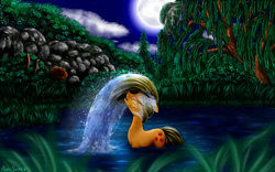 Size: 2560x1600 | Tagged: safe, artist:pony-stark, applejack, earth pony, pony, bathing, forest, hair flip, moon, night, outdoors, pond, solo, water, wet mane