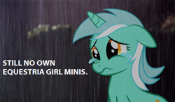 Size: 469x274 | Tagged: safe, lyra heartstrings, pony, doctor who, grammar error, humie, in-universe pegasister, rain, sad