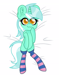 Size: 1713x2253 | Tagged: safe, artist:superanina, lyra heartstrings, pony, unicorn, body pillow, clothes, cute, ear fluff, female, lyrabetes, mare, on back, socks, solo, striped socks