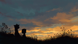 Size: 1280x720 | Tagged: safe, artist:maggwai, apple bloom, applejack, earth pony, pony, scenery, silhouette, sunset, twilight (astronomy)