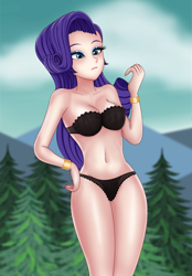 Size: 1400x2016 | Tagged: safe, alternate version, artist:anonix123, rarity, human, equestria girls, legend of everfree, beautiful, belly button, black underwear, bra, bracelet, breasts, camp everfree outfits, cleavage, clothes, female, hips, humanized, jewelry, legs, lingerarity, lingerie, nature, panties, raritits, solo, thighs, underwear