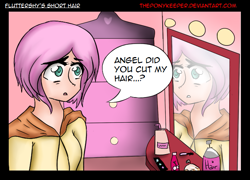 Size: 687x495 | Tagged: safe, artist:theponykeeper, fluttershy, human, clothes, cute, dresser, female, haircut, hairspray, hoodie, humanized, makeup, mirror, shocked, short hair, shyabetes