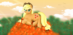 Size: 7883x3778 | Tagged: safe, artist:falcotte, applejack, earth pony, pony, apple, bedroom eyes, cute, food, lying down, tired