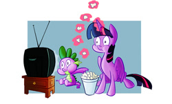 Size: 736x446 | Tagged: safe, artist:nukilik, derpibooru import, spike, twilight sparkle, twilight sparkle (alicorn), alicorn, dragon, pony, :t, female, magic, mare, popcorn, puffy cheeks, sitting, telekinesis, television, watching