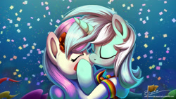 Size: 1280x720 | Tagged: safe, artist:esuka, bon bon, lyra heartstrings, sweetie drops, earth pony, pony, unicorn, confetti, eyes closed, female, flower, flower in hair, hoof on cheek, kissing, lesbian, lyrabon, pride, pride flag, shipping