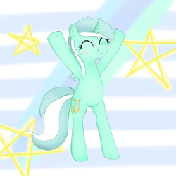 Size: 1500x1500 | Tagged: safe, artist:majupaju, lyra heartstrings, pony, unicorn, atg 2019, bipedal, blushing, cute, eyes closed, female, mare, newbie artist training grounds, rearing, smiling, solo, stars