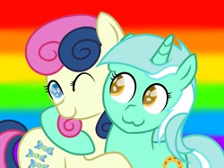 Size: 1024x768 | Tagged: safe, artist:delfinaluther, bon bon, lyra heartstrings, sweetie drops, earth pony, pony, unicorn, :3, adorabon, colored pupils, cute, female, hug, lesbian, looking at each other, lyrabetes, lyrabon, mare, one eye closed, rainbow background, shipping, wink