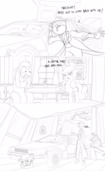 Size: 1500x2437 | Tagged: safe, artist:anontheanon, applejack, big macintosh, granny smith, oc, oc:anon, earth pony, human, pony, back to the future, car, cider, clothes, comic, cowboy hat, delorean, designated driver, dialogue, dickbutt, hat, kitchen, lab coat, male, monochrome, necktie, panic, pants, picture, property damage, safety goggles, shoes, sneakers, stallion, stetson, tankard, unamused, watch