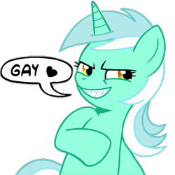 Size: 600x600 | Tagged: safe, edit, lyra heartstrings, pony, unicorn, dialogue, evil grin, ew gay, female, grin, heart, mare, meme, reaction image, simple background, smiling, solo, speech bubble, subverted meme, text, transparent background, yes gay