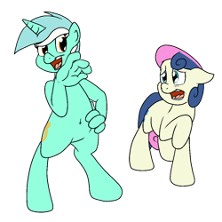 Size: 1000x1000 | Tagged: safe, artist:bennimarru, bon bon, lyra heartstrings, sweetie drops, pony, atg 2019, belly button, bipedal, colored, flat colors, four fingers, hand, hand on hip, hoof hands, newbie artist training grounds, noblewoman's laugh, open mouth, simple background, suddenly hands, that pony sure does love hands, transparent background, worried