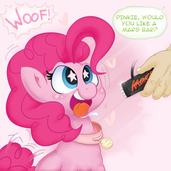 Size: 4167x4167 | Tagged: safe, artist:adequality, artist:celine-artnsfw, pinkie pie, oc, oc:anon, earth pony, human, pony, absurd resolution, attempted murder, behaving like a dog, candy, chocolate, collar, drool, food, heart, mars, mars bar, pet play, pet tag, pony pet, starry eyes, tail wag, tongue out, wingding eyes, woof