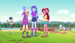 Size: 1263x720 | Tagged: safe, screencap, bon bon, gloriosa daisy, lyra heartstrings, microchips, princess celestia, princess luna, principal celestia, sweetie drops, vice principal luna, equestria girls, legend of everfree, legend of everfree - bloopers, animated actors, boots, camp everfree logo, camp everfree outfits, clothes, converse, female, flower, flower in hair, glasses, legs, male, shoes, shorts, sky, sneakers, socks