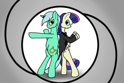 Size: 3000x2000 | Tagged: safe, artist:tunrae, bon bon, lyra heartstrings, sweetie drops, earth pony, pony, unicorn, atg 2019, back to back, background pony, bon bond, bowtie, clothes, crossover, duo, female, james bond, lesbian, lyrabon, mare, newbie artist training grounds, rifling, secret agent sweetie drops, shipping, simple background, standing, tuxedo